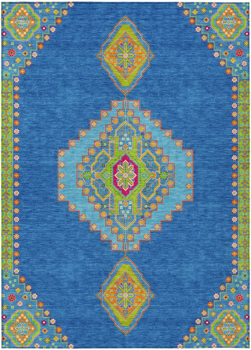 Denim Blue Red And Green Oriental Washable Indoor Outdoor Area Rug Photo 2