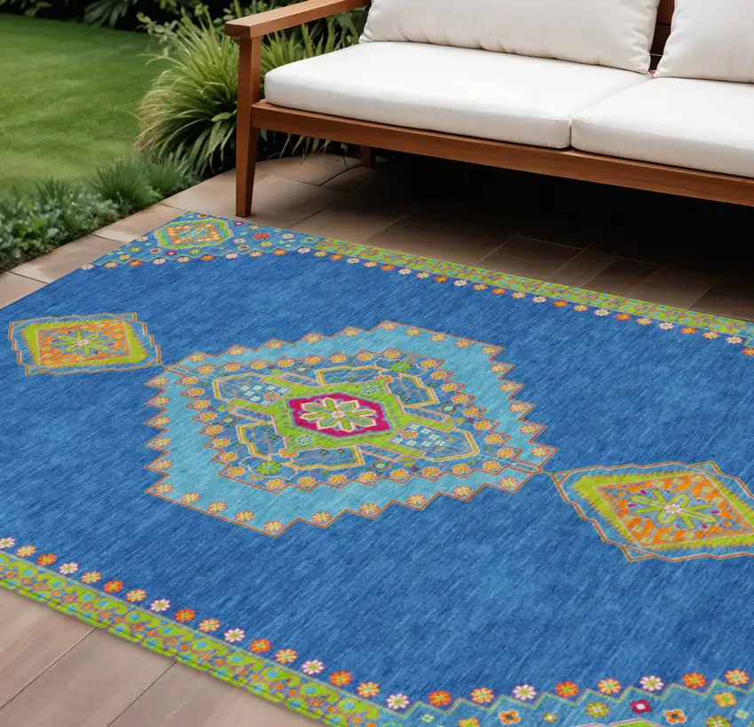 Denim Blue Red And Green Oriental Washable Indoor Outdoor Area Rug Photo 1