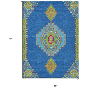 Photo of Denim Blue Red And Green Oriental Washable Indoor Outdoor Area Rug