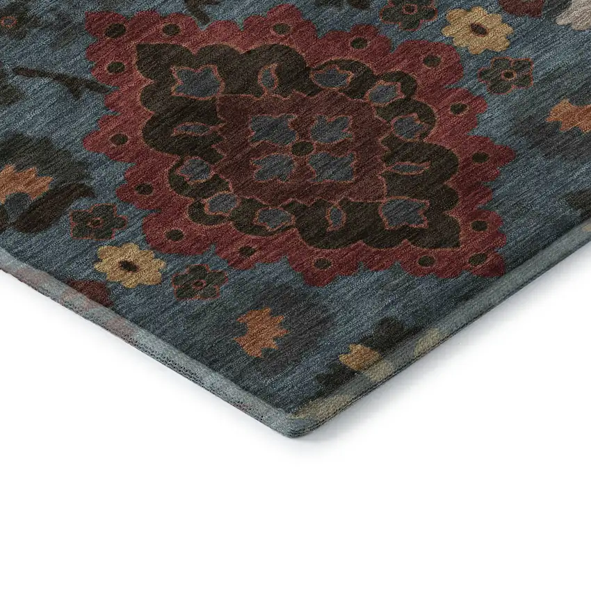 Denim Blue Red And Salmon Oriental Washable Area Rug With UV Protection Photo 7