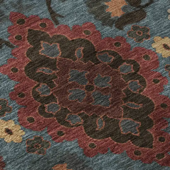 Denim Blue Red And Salmon Oriental Washable Area Rug With UV Protection Photo 9