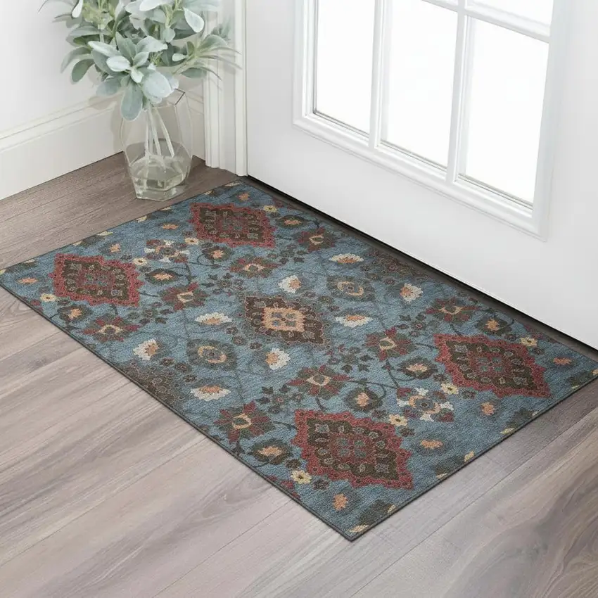 Denim Blue Red And Salmon Oriental Washable Area Rug With UV Protection Photo 2
