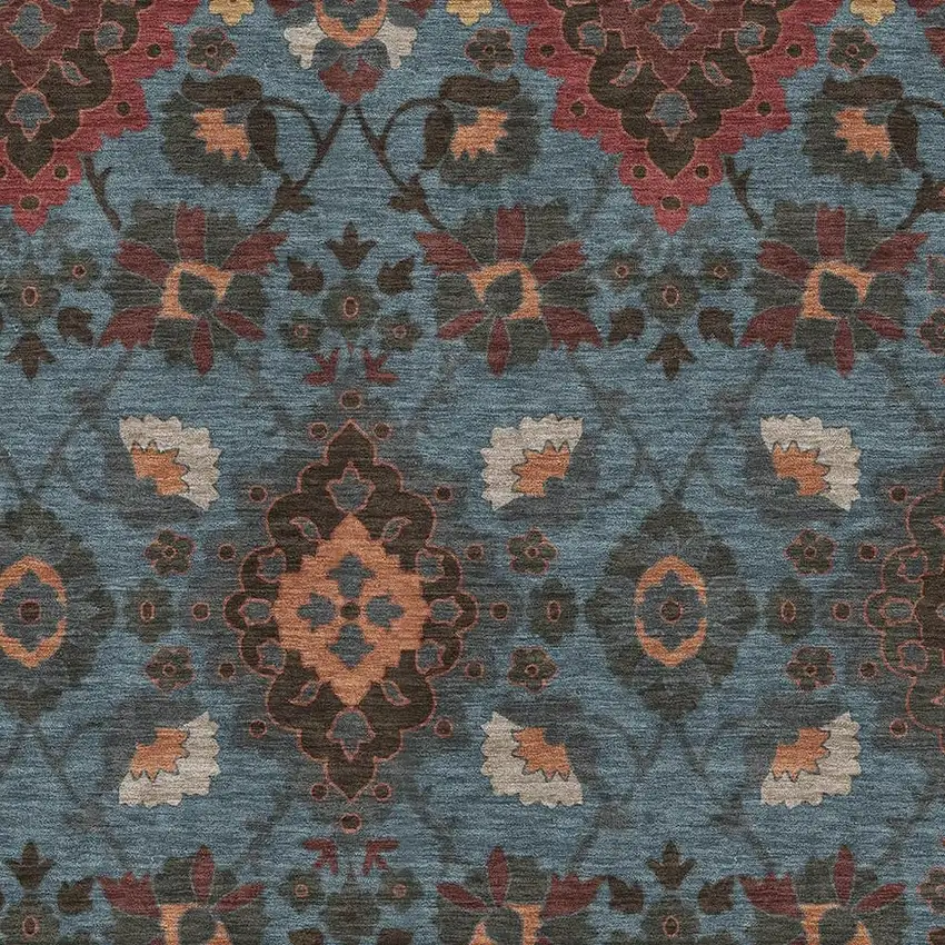 Denim Blue Red And Salmon Oriental Washable Area Rug With UV Protection Photo 2