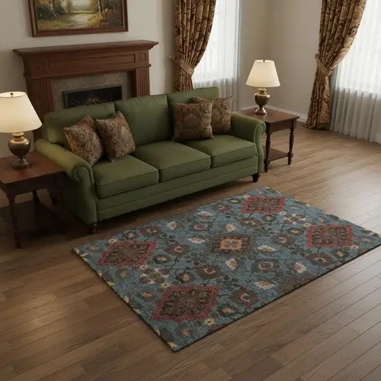 Denim Blue Red And Salmon Oriental Washable Area Rug With UV Protection Photo 2