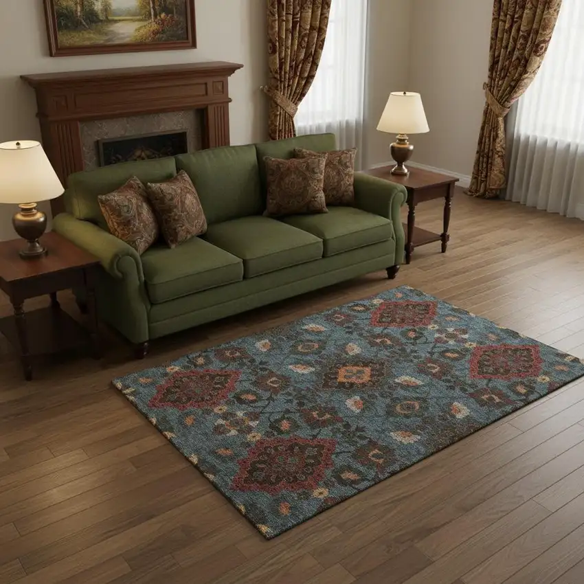 Denim Blue Red And Salmon Oriental Washable Area Rug With UV Protection Photo 2