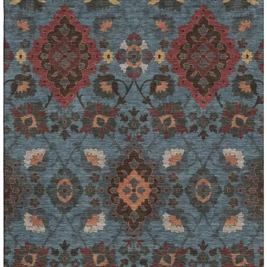 Denim Blue Red And Salmon Oriental Washable Area Rug With UV Protection Photo 2