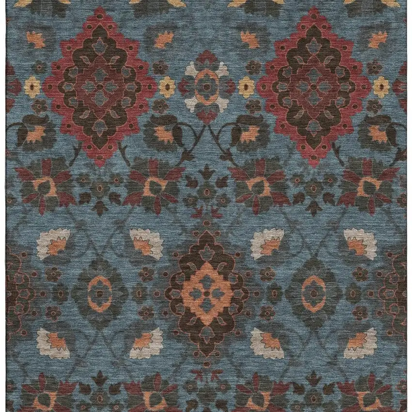 Denim Blue Red And Salmon Oriental Washable Area Rug With UV Protection Photo 2