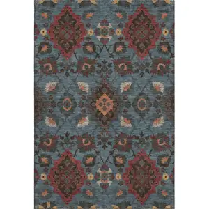 Photo of Denim Blue Red And Salmon Oriental Washable Area Rug With UV Protection