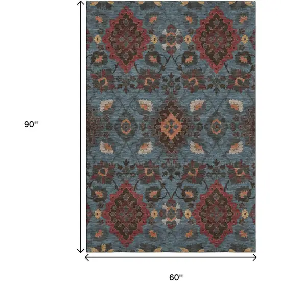 Denim Blue Red And Salmon Oriental Washable Area Rug With UV Protection Photo 7