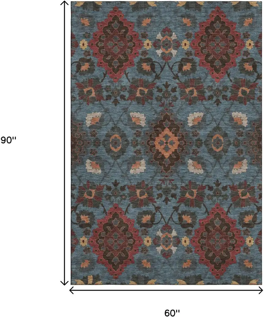 Denim Blue Red And Salmon Oriental Washable Area Rug With UV Protection Photo 7