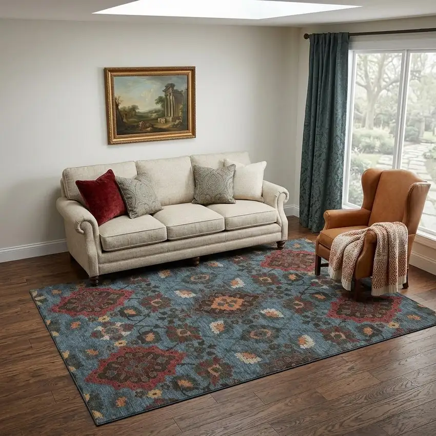 Denim Blue Red And Salmon Oriental Washable Area Rug With UV Protection Photo 1