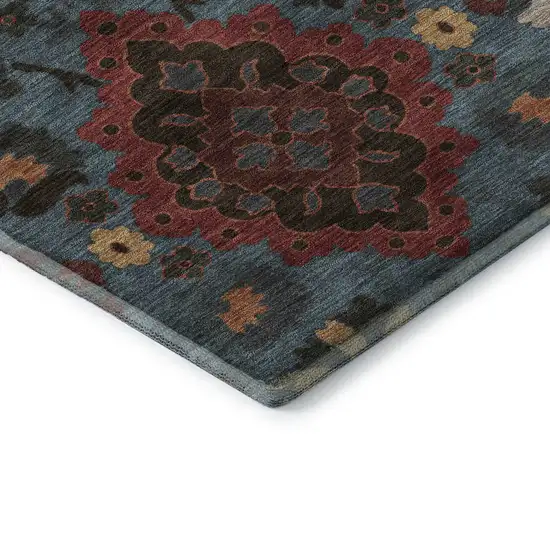 Denim Blue Red And Salmon Oriental Washable Area Rug With UV Protection Photo 7
