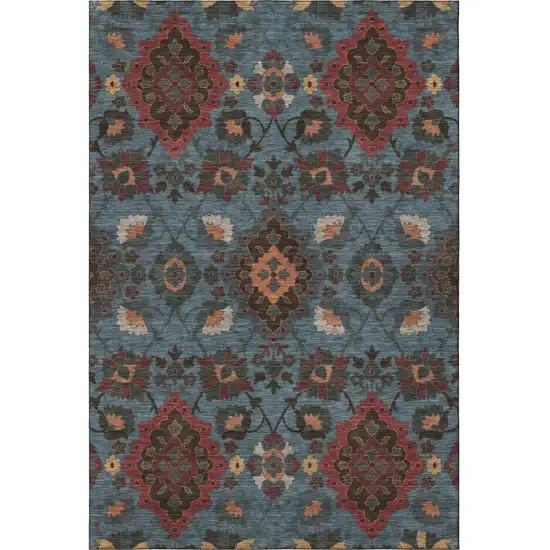 Denim Blue Red And Salmon Oriental Washable Area Rug With UV Protection Photo 2