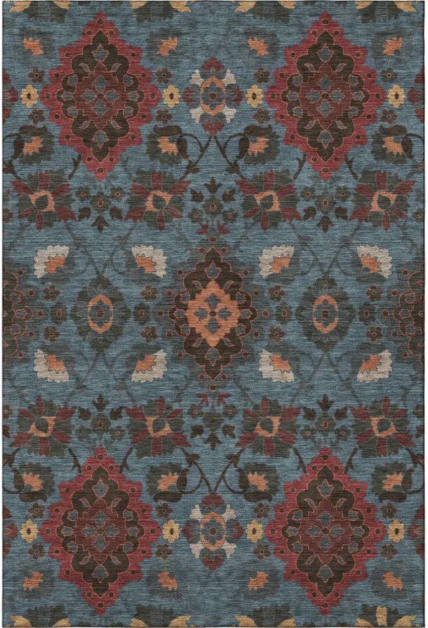 Denim Blue Red And Salmon Oriental Washable Area Rug With UV Protection Photo 2