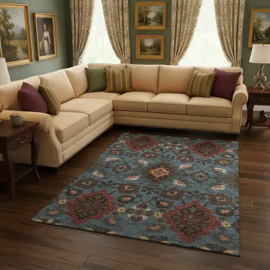 Denim Blue Red And Salmon Oriental Washable Area Rug With UV Protection Photo 2