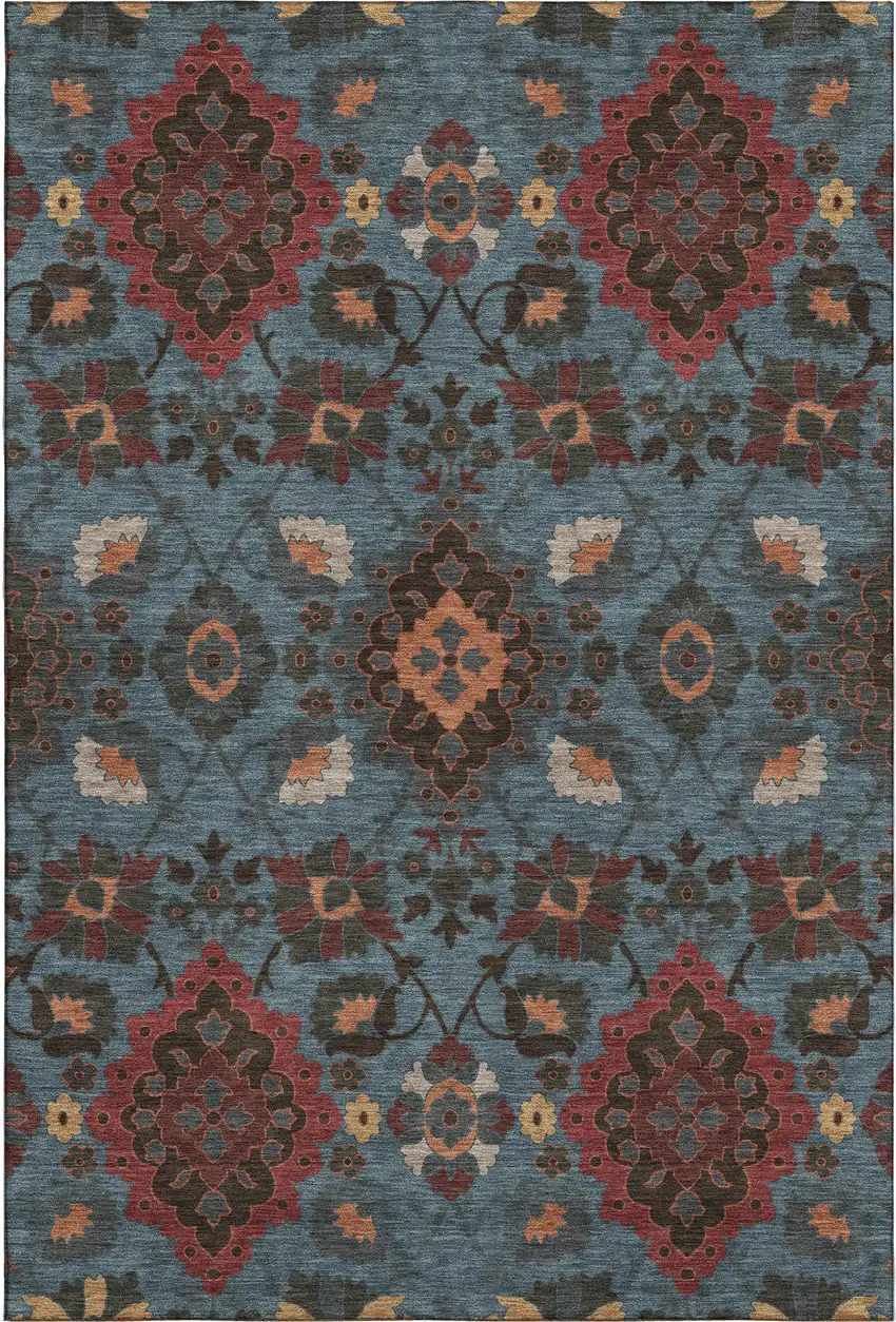 Denim Blue Red And Salmon Oriental Washable Area Rug With UV Protection Photo 1