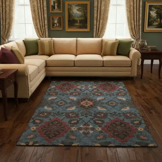 Denim Blue Red And Salmon Oriental Washable Area Rug With UV Protection Photo 2