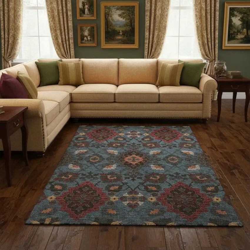 Denim Blue Red And Salmon Oriental Washable Area Rug With UV Protection Photo 2