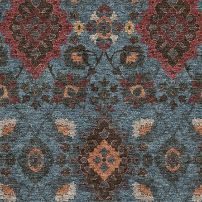 Denim Blue Red And Salmon Oriental Washable Area Rug With UV Protection Photo 2