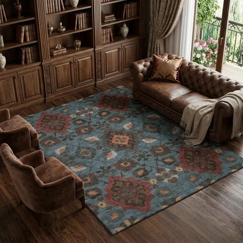 Denim Blue Red And Salmon Oriental Washable Area Rug With UV Protection Photo 1