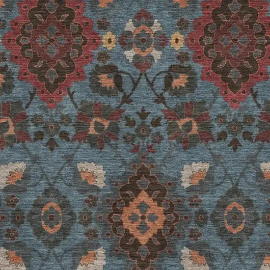 Denim Blue Red And Salmon Oriental Washable Area Rug With UV Protection Photo 2