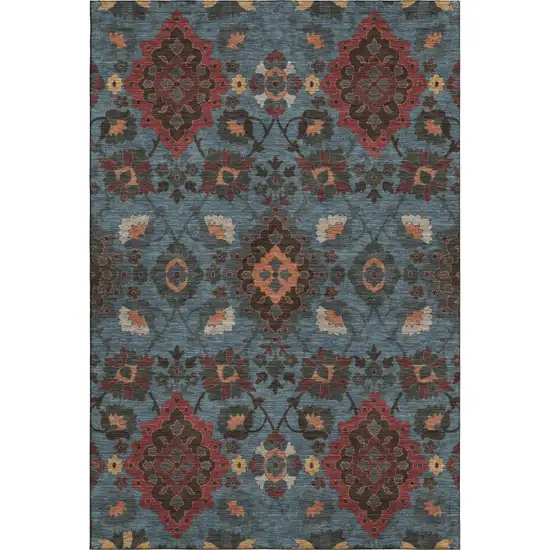 Denim Blue Red And Salmon Oriental Washable Area Rug With UV Protection Photo 1