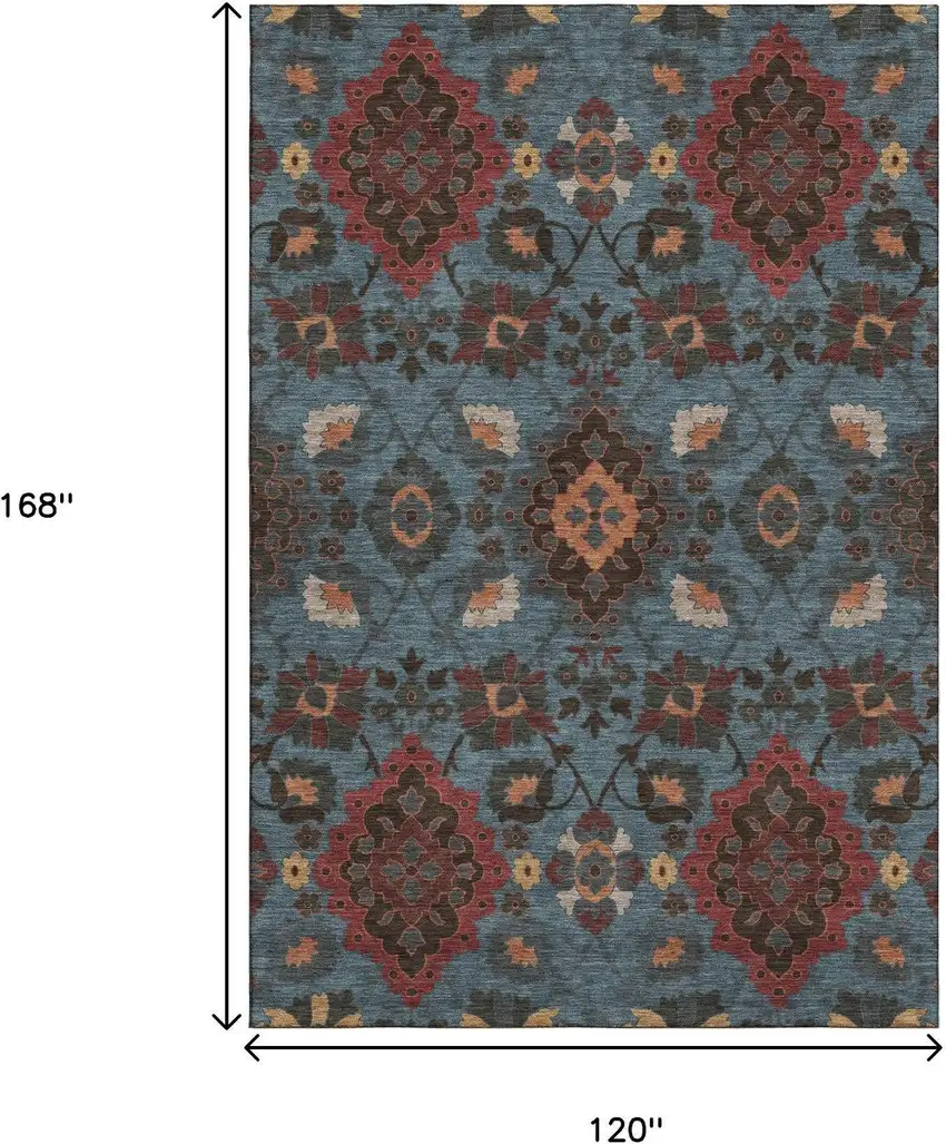 Denim Blue Red And Salmon Oriental Washable Area Rug With UV Protection Photo 7