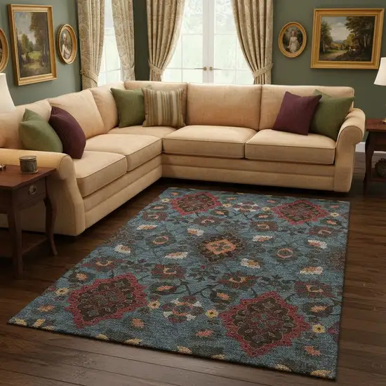 Denim Blue Red And Salmon Oriental Washable Area Rug With UV Protection Photo 2