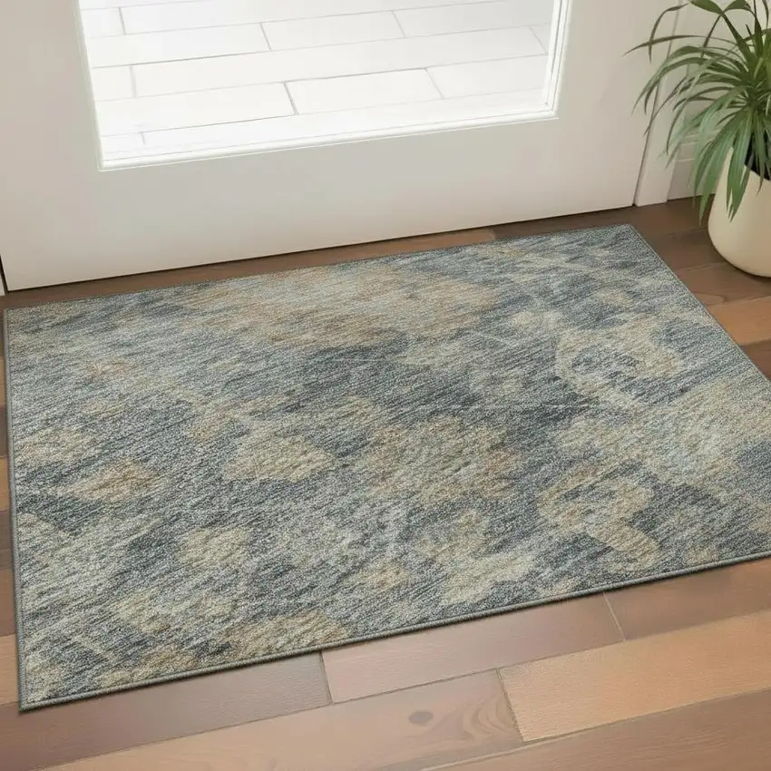 Denim Blue Rust And Beige Damask Washable Area Rug With UV Protection Photo 2
