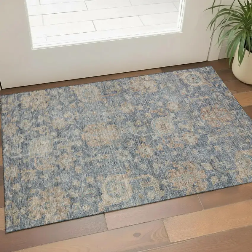 Denim Blue Rust And Beige Damask Washable Area Rug With UV Protection Photo 1