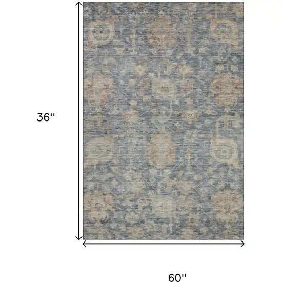 Denim Blue Rust And Beige Damask Washable Area Rug With UV Protection Photo 8