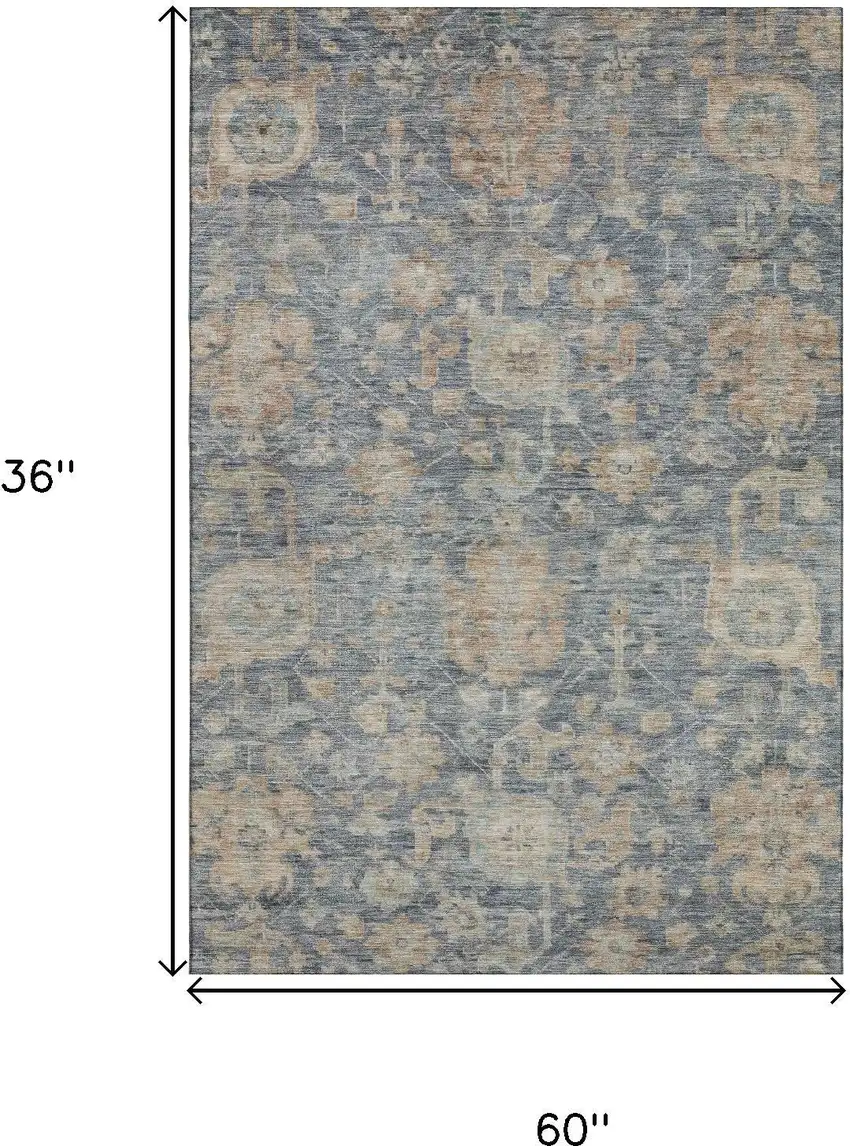 Denim Blue Rust And Beige Damask Washable Area Rug With UV Protection Photo 8