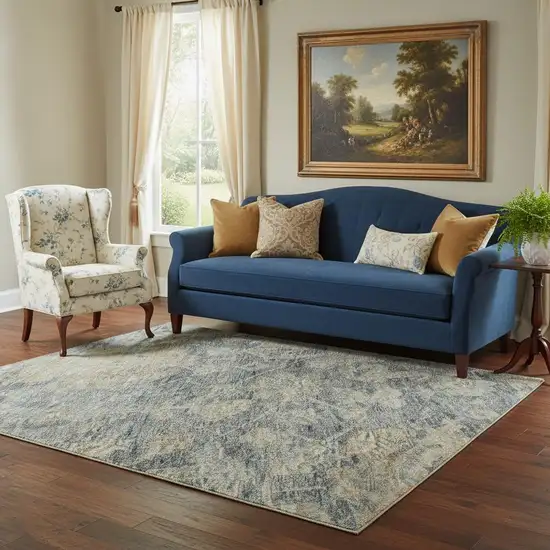 Denim Blue Rust And Beige Damask Washable Area Rug With UV Protection Photo 2