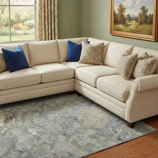 Denim Blue Rust And Beige Damask Washable Area Rug With UV Protection Photo 2