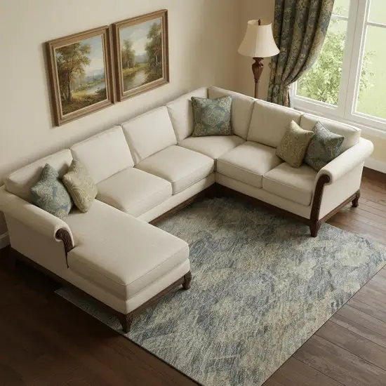 Denim Blue Rust And Beige Damask Washable Area Rug With UV Protection Photo 2