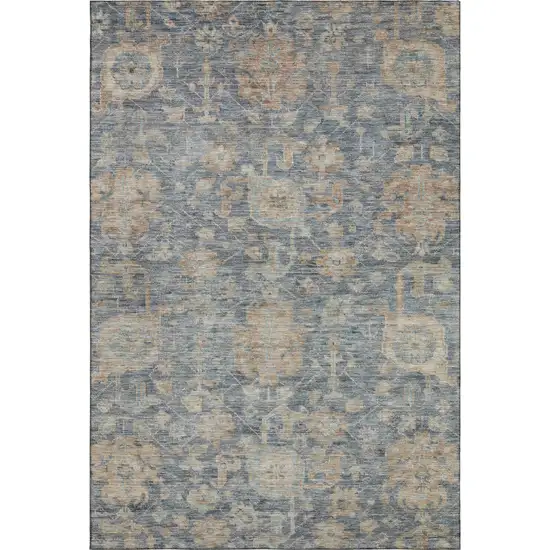 Denim Blue Rust And Beige Damask Washable Area Rug With UV Protection Photo 4