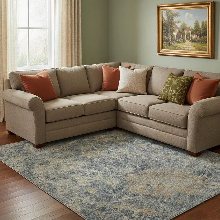 Denim Blue Rust And Beige Damask Washable Area Rug With UV Protection Photo 2