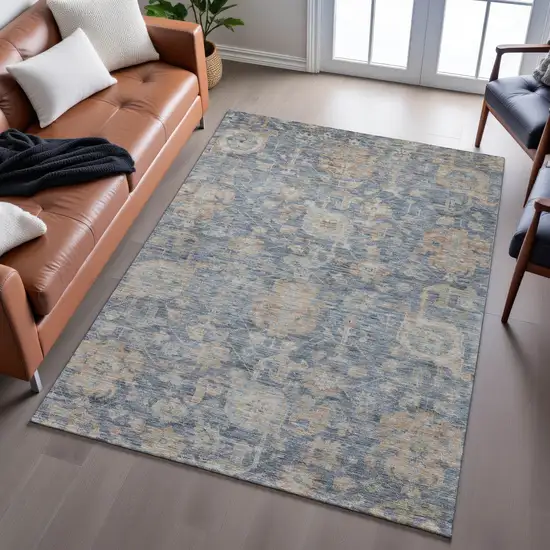 Denim Blue Rust And Beige Damask Washable Area Rug With UV Protection Photo 4