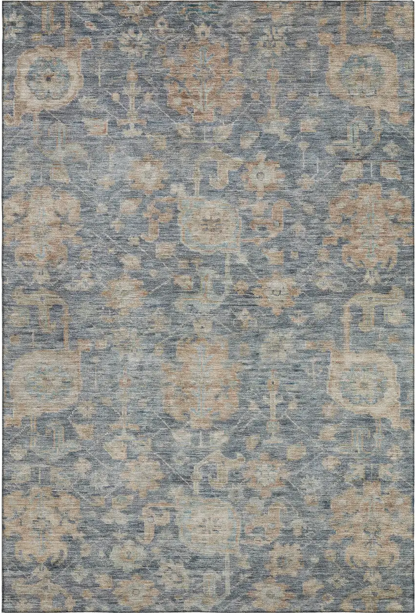 Denim Blue Rust And Beige Damask Washable Area Rug With UV Protection Photo 5