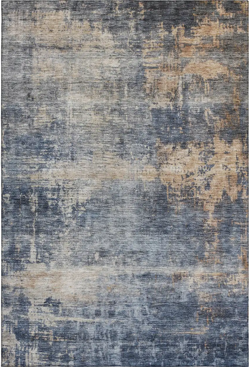 Denim Blue Silver And Beige Abstract Washable Area Rug With UV Protection Photo 5