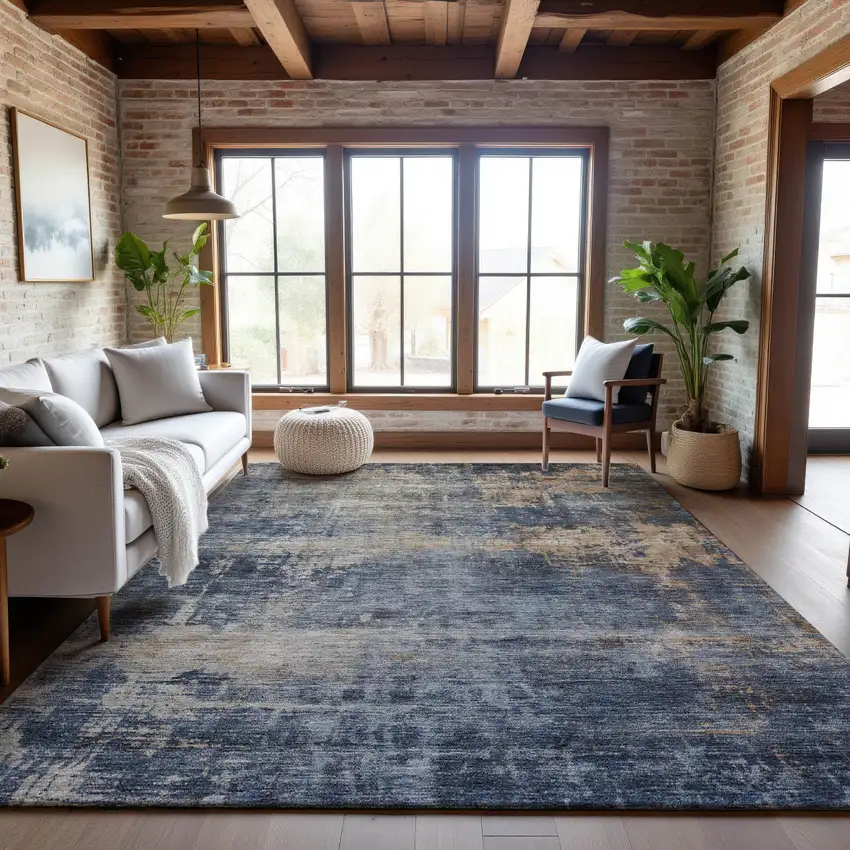 Denim Blue Silver And Beige Abstract Washable Area Rug With UV Protection Photo 3