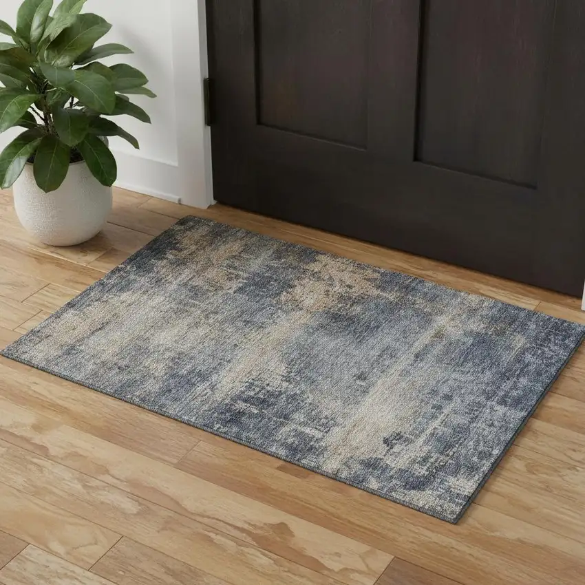 Denim Blue Silver And Beige Abstract Washable Area Rug With UV Protection Photo 1
