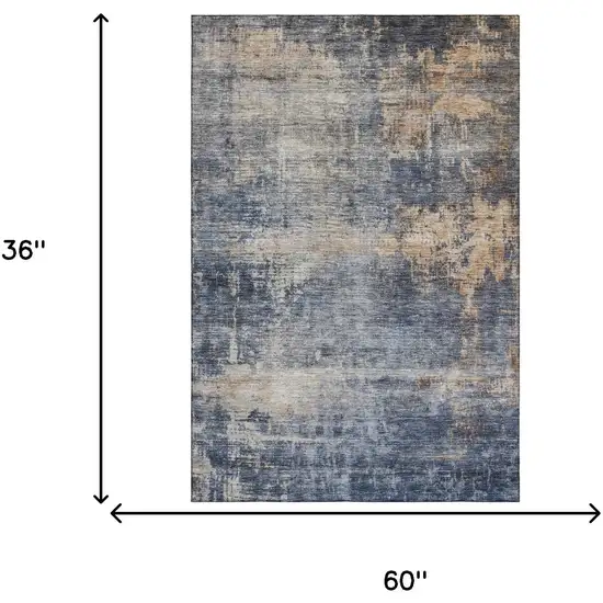 Denim Blue Silver And Beige Abstract Washable Area Rug With UV Protection Photo 3