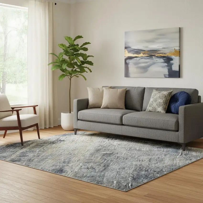 Denim Blue Silver And Beige Abstract Washable Area Rug With UV Protection Photo 2