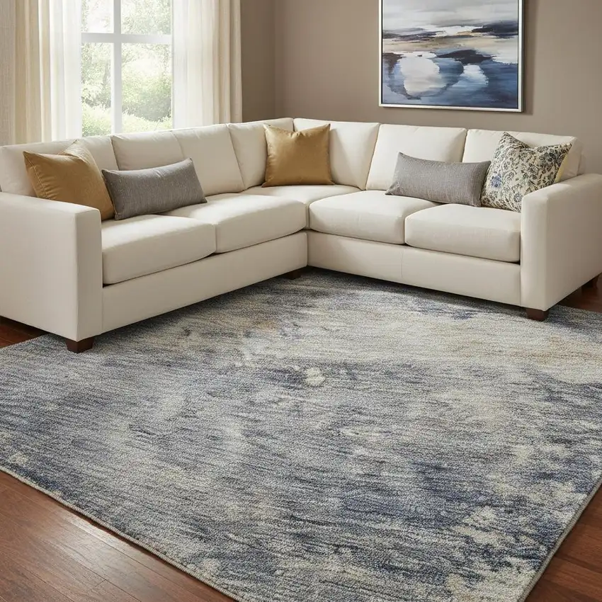 Denim Blue Silver And Beige Abstract Washable Area Rug With UV Protection Photo 2