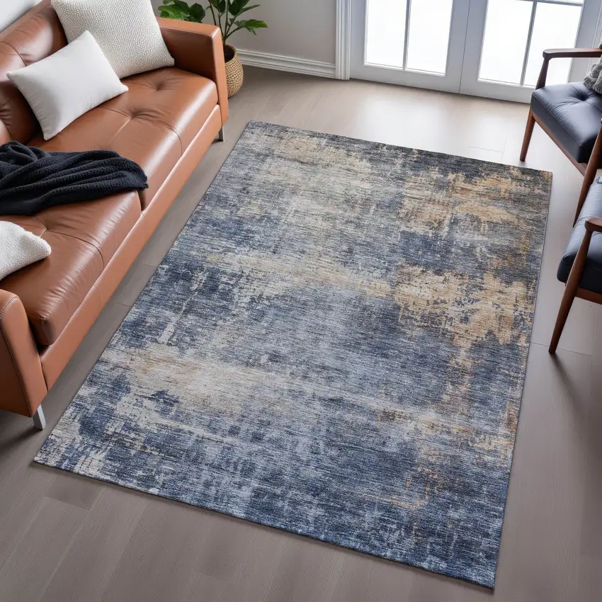 Denim Blue Silver And Beige Abstract Washable Area Rug With UV Protection Photo 4