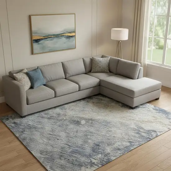 Denim Blue Silver And Beige Abstract Washable Area Rug With UV Protection Photo 2