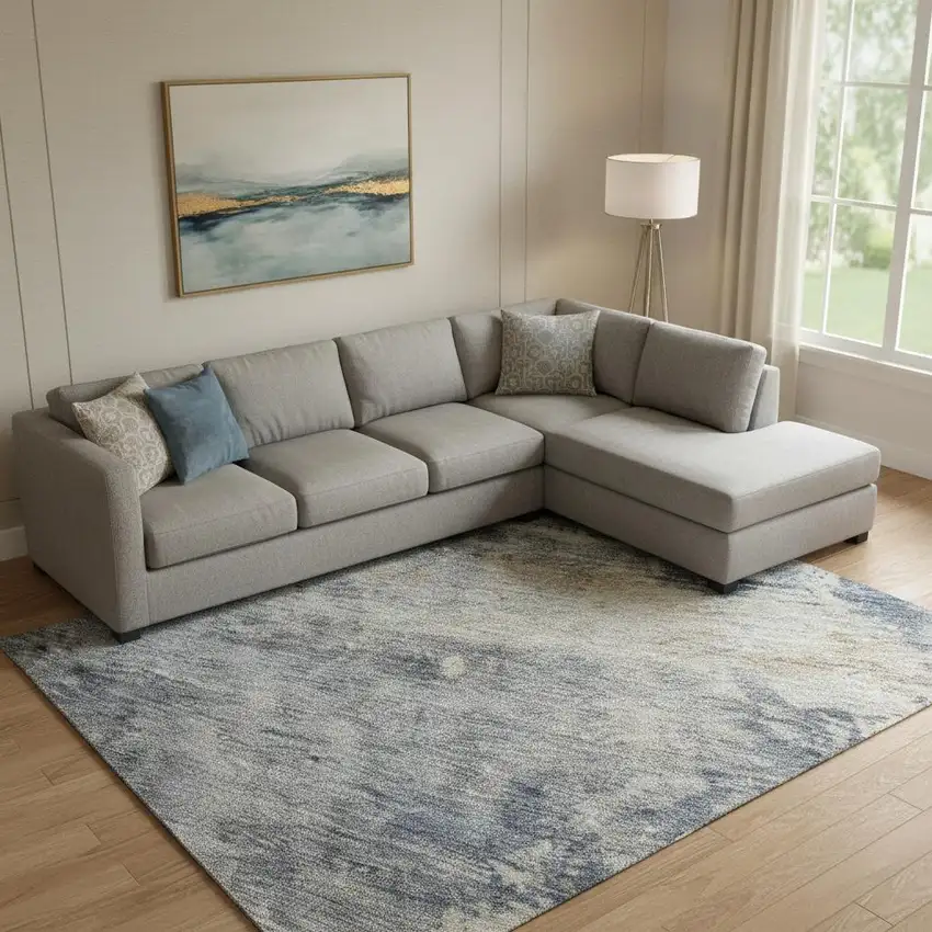 Denim Blue Silver And Beige Abstract Washable Area Rug With UV Protection Photo 2