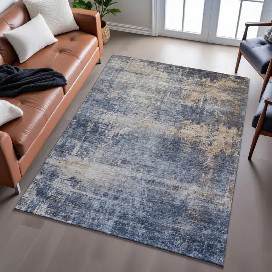 Denim Blue Silver And Beige Abstract Washable Area Rug With UV Protection Photo 3
