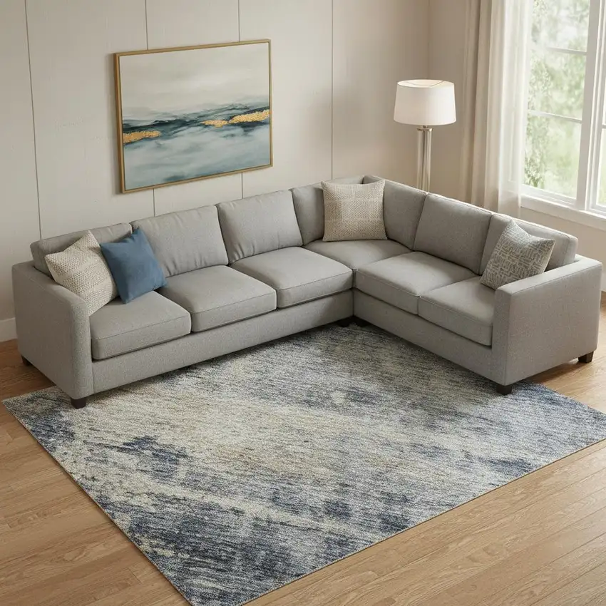 Denim Blue Silver And Beige Abstract Washable Area Rug With UV Protection Photo 2